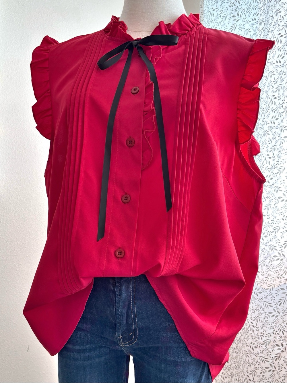 Raspberry Red Ruffle Pintuck Blouse 1XL Black Bow Sleeveless Preppy Romantic